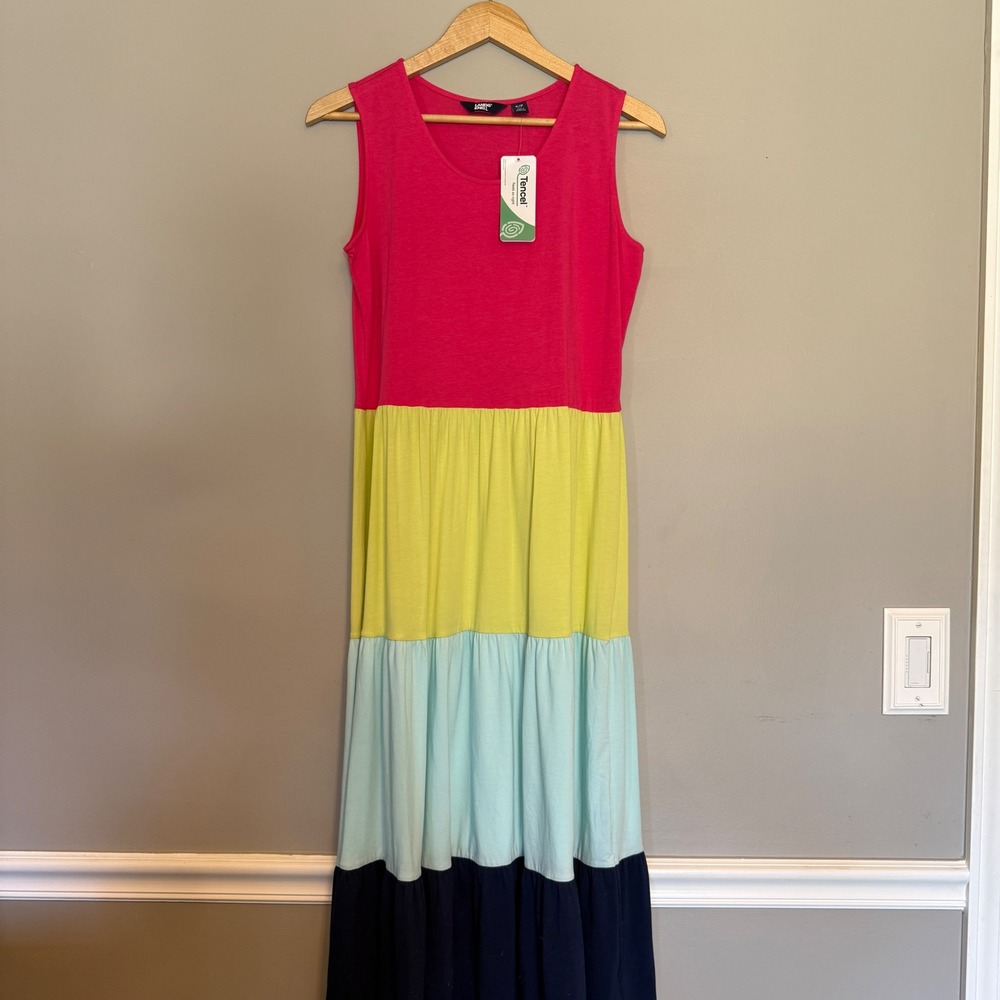 Lands End Womens Colorblock Tencel Maxi Dress Pink Lime Blue Navy S/P 6-8 NEW